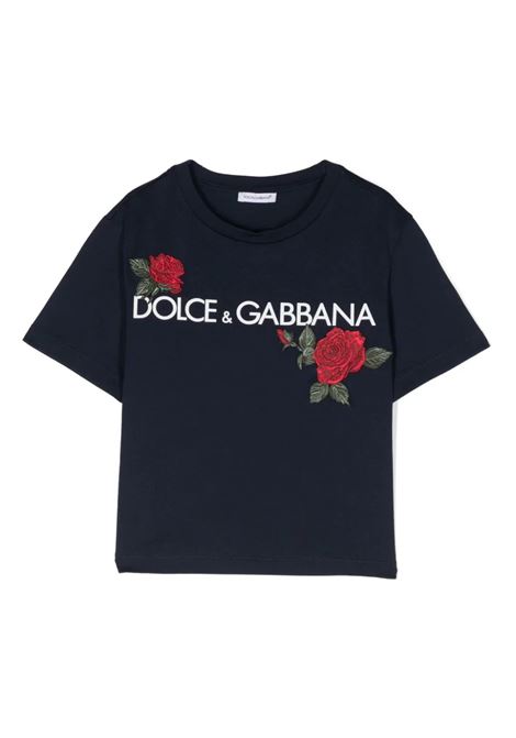 T-Shirt Nera Con Logo e Rose DOLCE & GABBANA KIDS | L5JTKT-G7J7WB0065