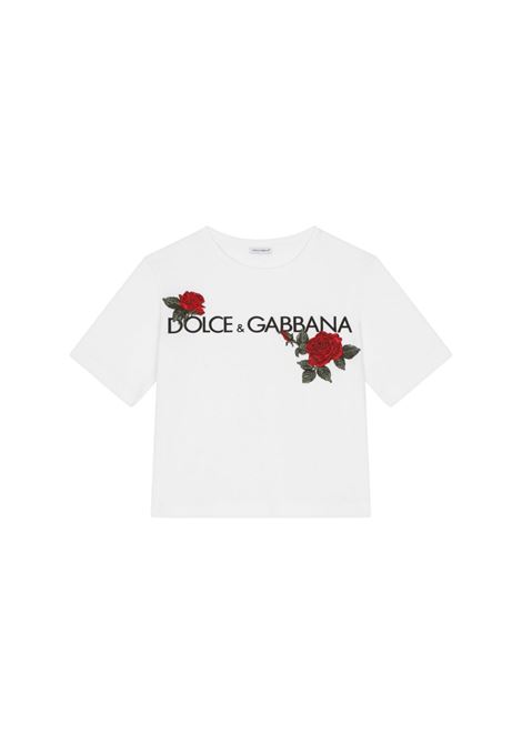 T-Shirt Bianca Con Logo e Rose DOLCE & GABBANA KIDS | L5JTKT-G7J7WW0800