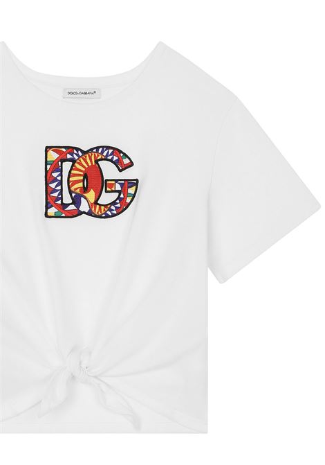 T-Shirt Bianca Con Patch DG Carretto e Nodo DOLCE & GABBANA KIDS | L5JTLP-G7J9SW0800