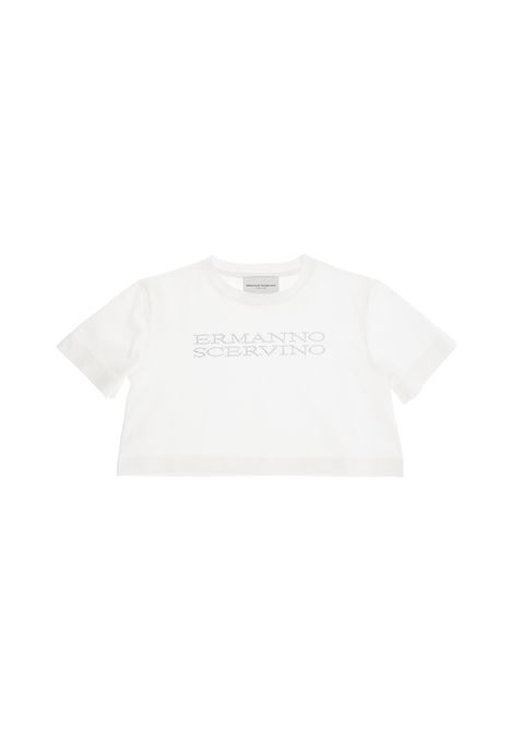 White Crop T-Shirt With Rhinestone Logo ERMANNO SCERVINO JUNIOR | SFTS063C-JE200-BS0020005