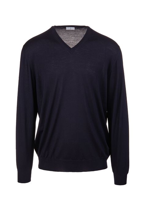 Navy Blue Wool V-Neck Pullover FEDELI | UI07011-CC6