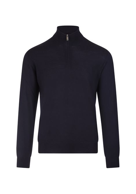 Navy Blue Virgin Wool Pullover With Half Zip FEDELI | UI07725-CC6
