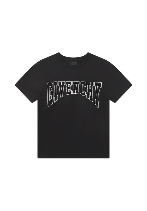 T-Shirt Nera Con Logo Ricamato GIVENCHY KIDS | H2545209B