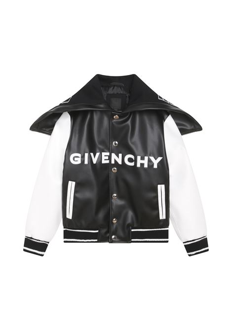 Black and White Bomber Jacket With Logos GIVENCHY KIDS | H26144M41