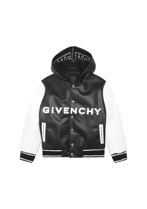 Black and White Bomber Jacket With Logos GIVENCHY KIDS | H26144M41