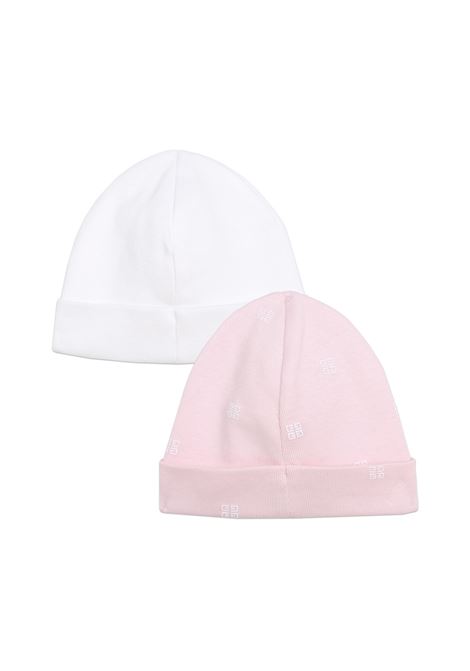 Set of 2 Beanies In White And Pink Printed Cotton GIVENCHY KIDS | H9818544Z