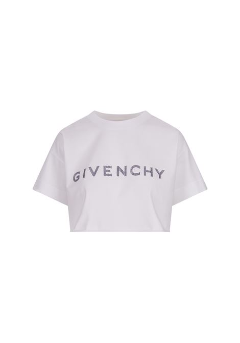 Stone Grey Crop T-Shirt With Rhinestone Logo GIVENCHY | BW70C53YGQ100