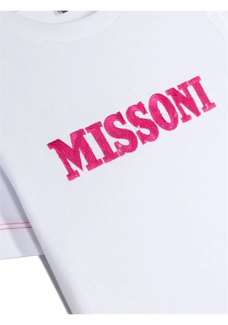 White T-Shirt With Fuchsia Sequins Logo MISSONI KIDS | MT8A21-J0177100FU