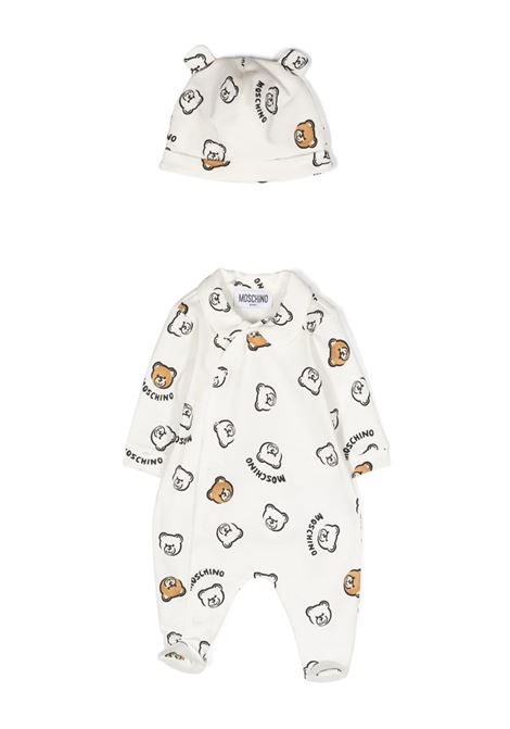 White Organic Fleece Romper and Hat Set with All-Over Teddy Bear MOSCHINO KIDS | MUY05YLCB4783515