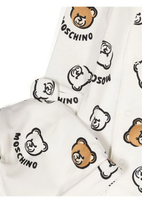 White Organic Fleece Romper and Hat Set with All-Over Teddy Bear MOSCHINO KIDS | MUY05YLCB4783515