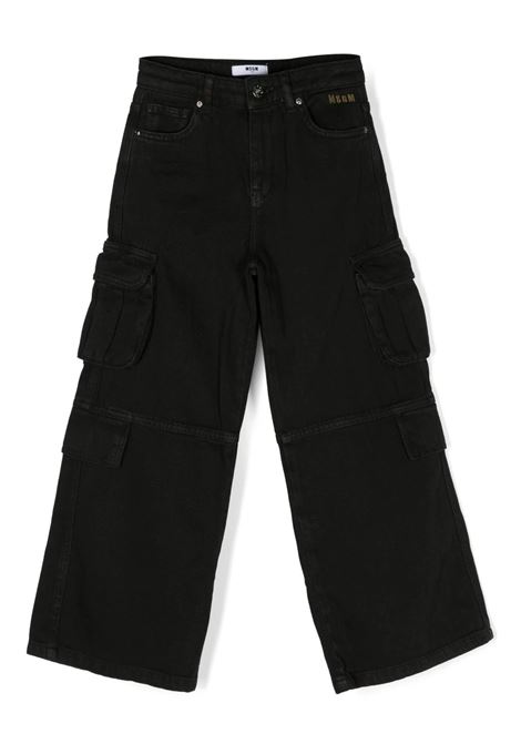 Black Wide Cargo Jeans With Embroidered Logo MSGM KIDS | F3MSJGDP050110