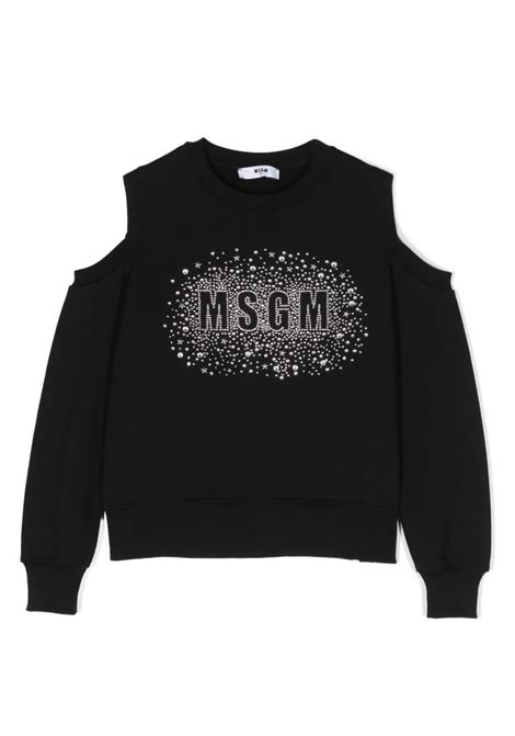 Black Sweatshirt With Cut-Out and Logo With Crystals MSGM KIDS | F3MSJGSW137110