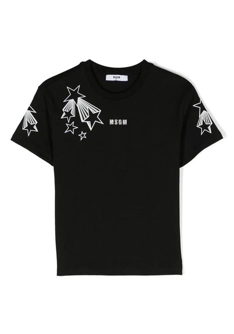 T-Shirt Nera Con Logo Glitter e Stampa Stelle MSGM KIDS | F3MSJGTH135110