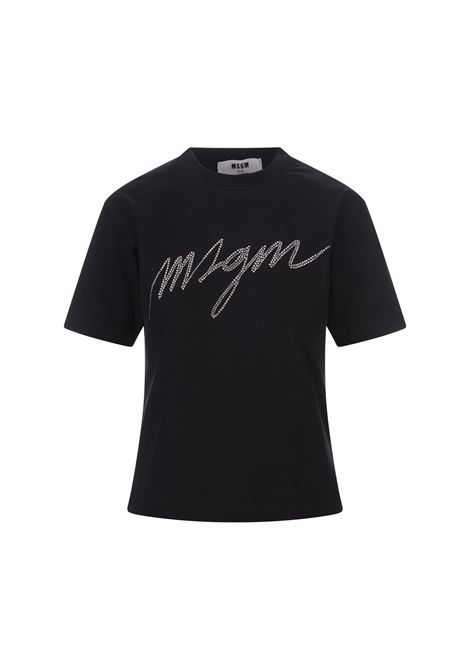 Black T-Shirt With Rhinestone MSGM Signature MSGM | 3541MDM129-23779899