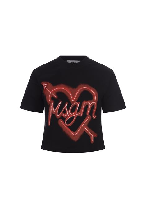 Black Short T-Shirt with Logo and Heart Print MSGM | 3541MDM145-23779899