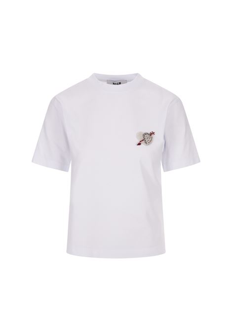 White T-Shirt With Msgm Heart Embroidery Patch Graphics MSGM | 3541MDM170-23779801