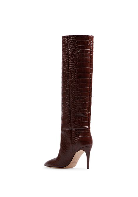 Chocolate Leather Stiletto Boots With Crocodile Print PARIS TEXAS | PX548CIOCCOLATO
