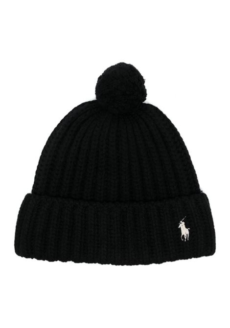 Black Ribbed Beanie With Pony and Pompon RALPH LAUREN | 455-922978001