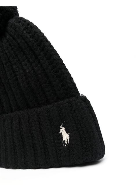 Black Ribbed Beanie With Pony and Pompon RALPH LAUREN | 455-922978001