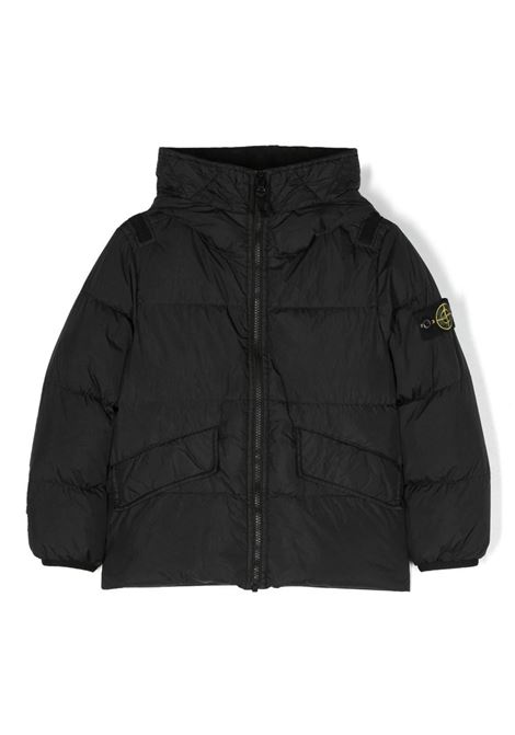 Black Recycled Nylon Down Jacket With Hood STONE ISLAND JUNIOR | 791640223V0029