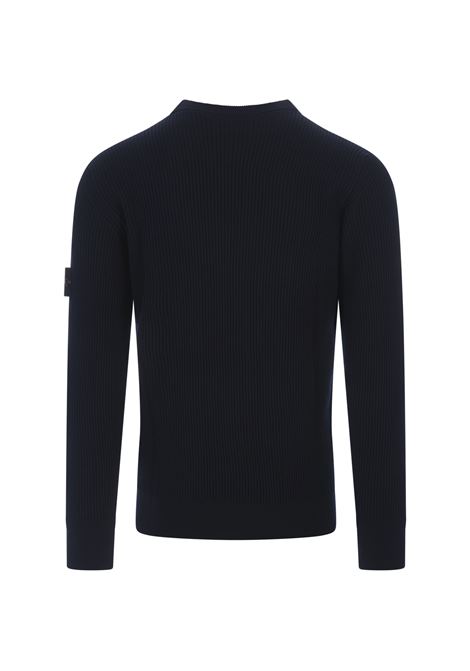 Navy Blue Ribbed Knitted Crew Neck Sweater STONE ISLAND | 7915553C2A0020