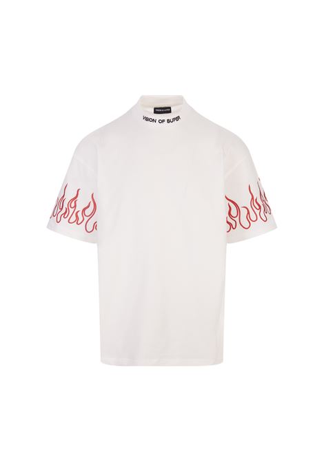 White T-Shirt With Embroidered Red Flames VISION OF SUPER | VS00849WHITE/RED