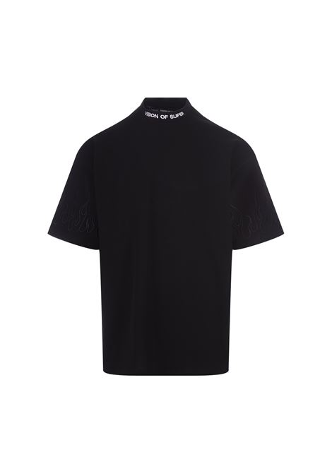Black T-Shirt With Embroidered Black Flames VISION OF SUPER | VS00860BLACK/BLACK