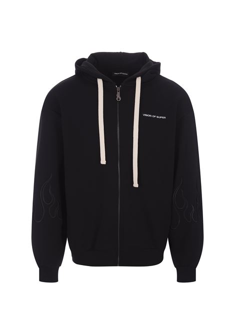 Black Zip-Up Hoodie With Embroidered Black Flames VISION OF SUPER | VS00863BLACK/WHITE