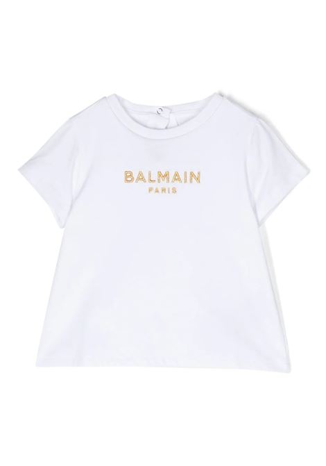 T-Shirt Bianca Con Ricamo Logo Dorato BALMAIN KIDS | BS8051-Z0082100