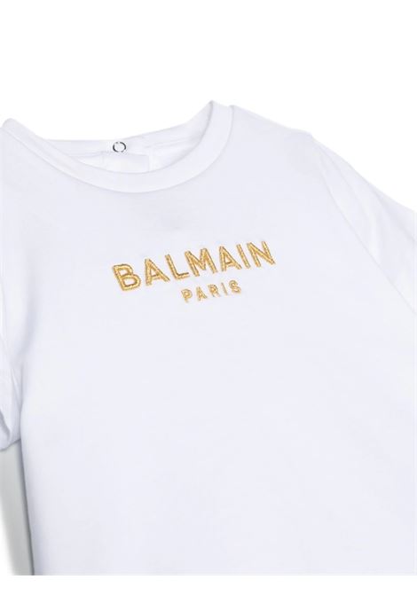 White T-Shirt With Golden Logo Embroidery BALMAIN KIDS | BS8051-Z0082100