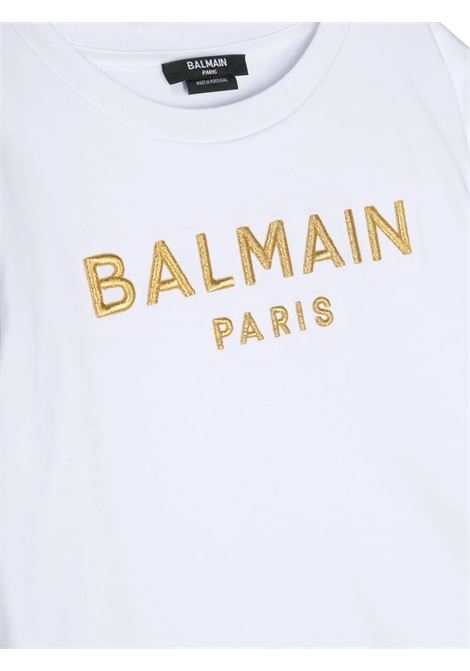 White T-Shirt With Golden Logo Embroidery BALMAIN KIDS | BS8B31-Z0082100OR
