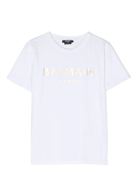 White T-Shirt With Golden Logo BALMAIN KIDS | BS8R01-Z0082100OR