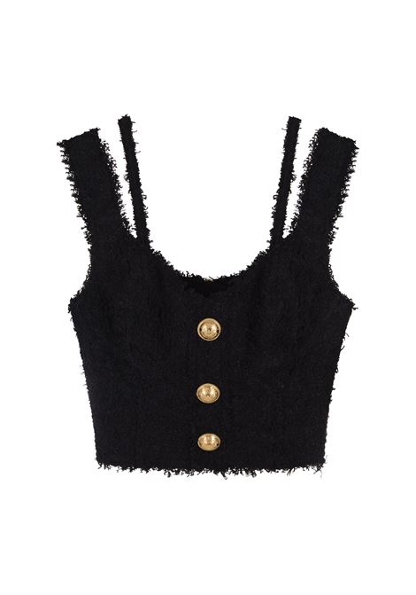 Black Tweed Crop Top with Buttons BALMAIN | AF0AB330XC670PA