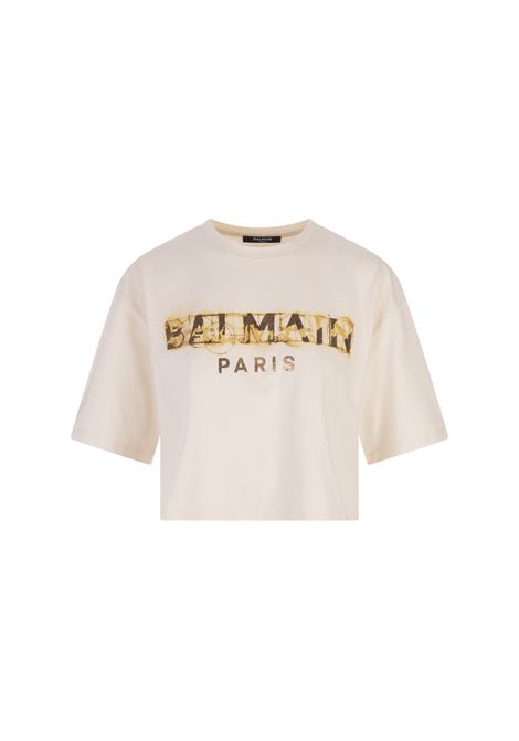 T-Shirt Corta Beige Con Stampa Metallizzata BALMAIN | AF0EE020BC24GMI