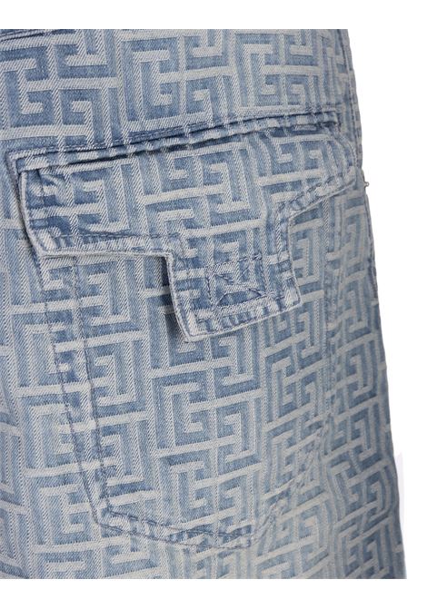 Blue Denim Straight Shorts With Monogram BALMAIN | AH0MB006DD276FF