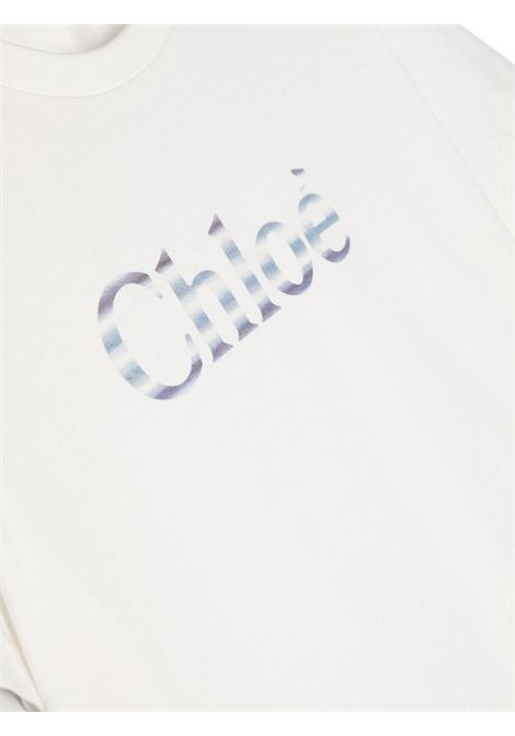 T-Shirt Bianca Con Logo Blu Sfumato Chloé Kids | C15E07117