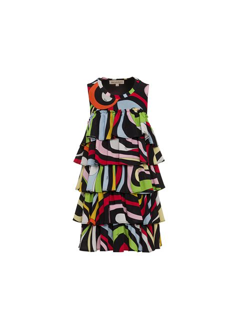 Black Ruffle Dress With Multicolour Marble Print EMILIO PUCCI JUNIOR | PS1C51-J0278930MC