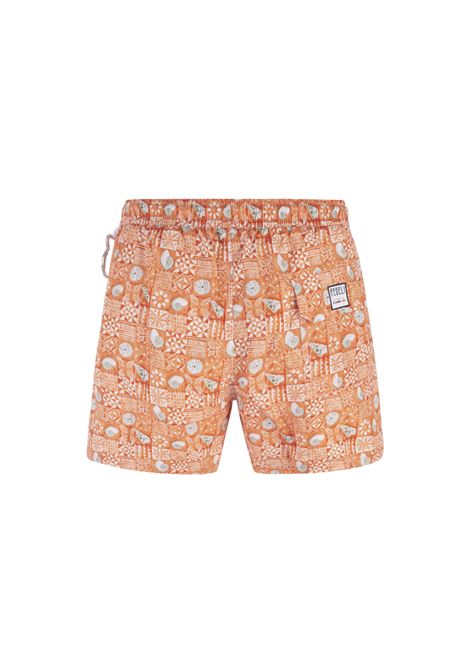 Men swimsuit with all-over orange majolica and blue shell print FEDELI | UE00318-C075594