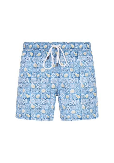 Men swimsuit with all-over light blue majolica and yellow shell FEDELI | UE00318-C075599