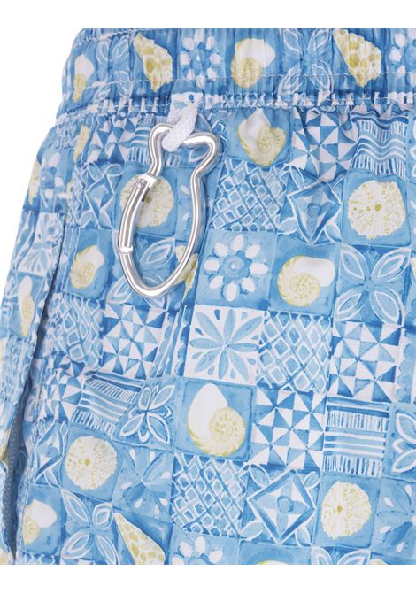 Men swimsuit with all-over light blue majolica and yellow shell FEDELI | UE00318-C075599