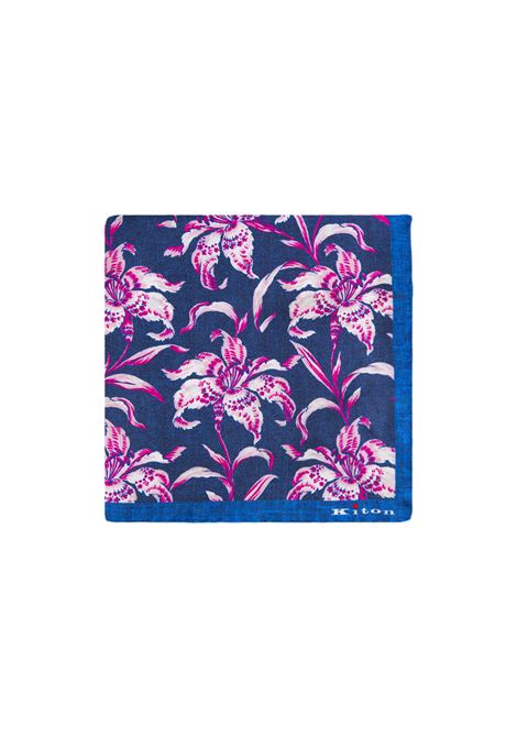 Navy Blue Pocket Handkerchief With Fuchsia Floral Pattern KITON | UPOCHCXB601228