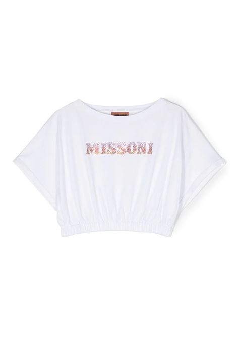 White Crop T-Shirt With Rhinestone Logo MISSONI KIDS | MS8B51-J0177100