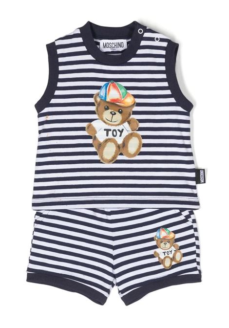 Moschino Teddy Bear Striped Set In White and Navy Blue MOSCHINO KIDS | MUG00ULBE0583120