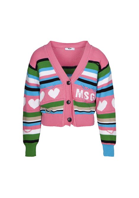 Pink Cardigan With Logo And Multicoloured Stripes MSGM KIDS | MS029432042