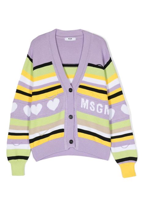 Lilac Cardigan With Logo And Multicoloured Stripes MSGM KIDS | MS029432071