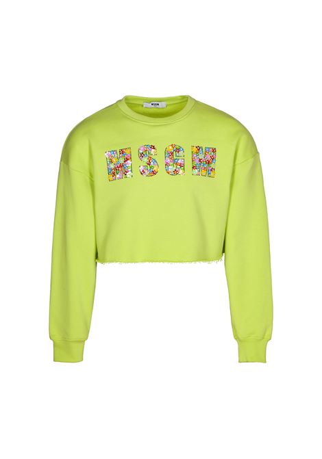 Lime Green Crop Sweatshirt With Sequins Logo MSGM KIDS | MS029449086