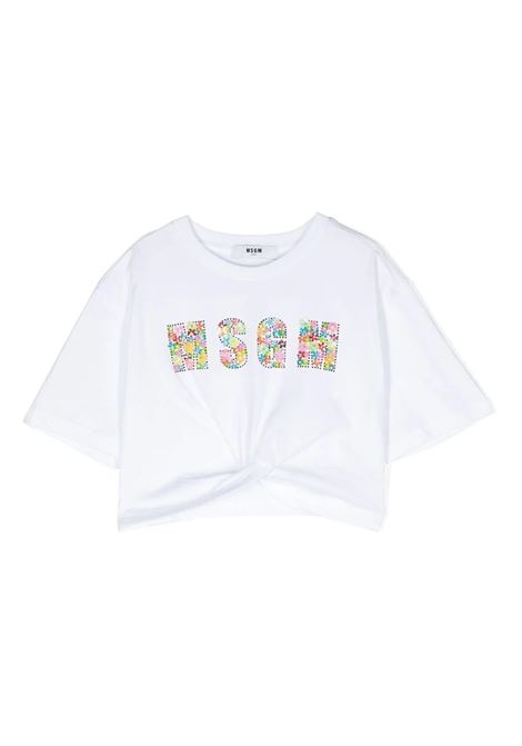 White Crop T-Shirt With Sequins Logo MSGM KIDS | MS029455001