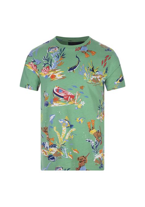 Green Slim-Fit Custom T-Shirt With Polo Bear In The Ocean Print RALPH LAUREN | 710-900530001