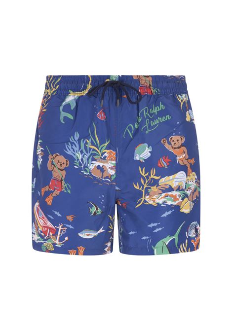 Blue Swim Shorts With Polo Bear In The Ocean Print RALPH LAUREN | 710-901517001