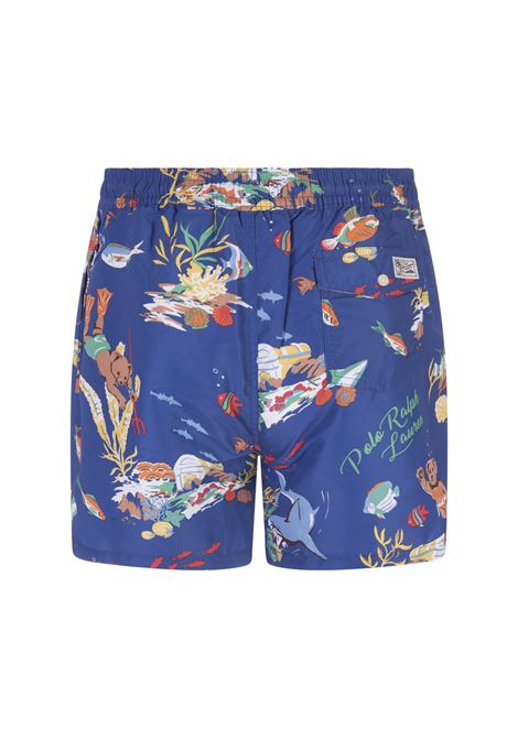 Blue Swim Shorts With Polo Bear In The Ocean Print RALPH LAUREN | 710-901517001